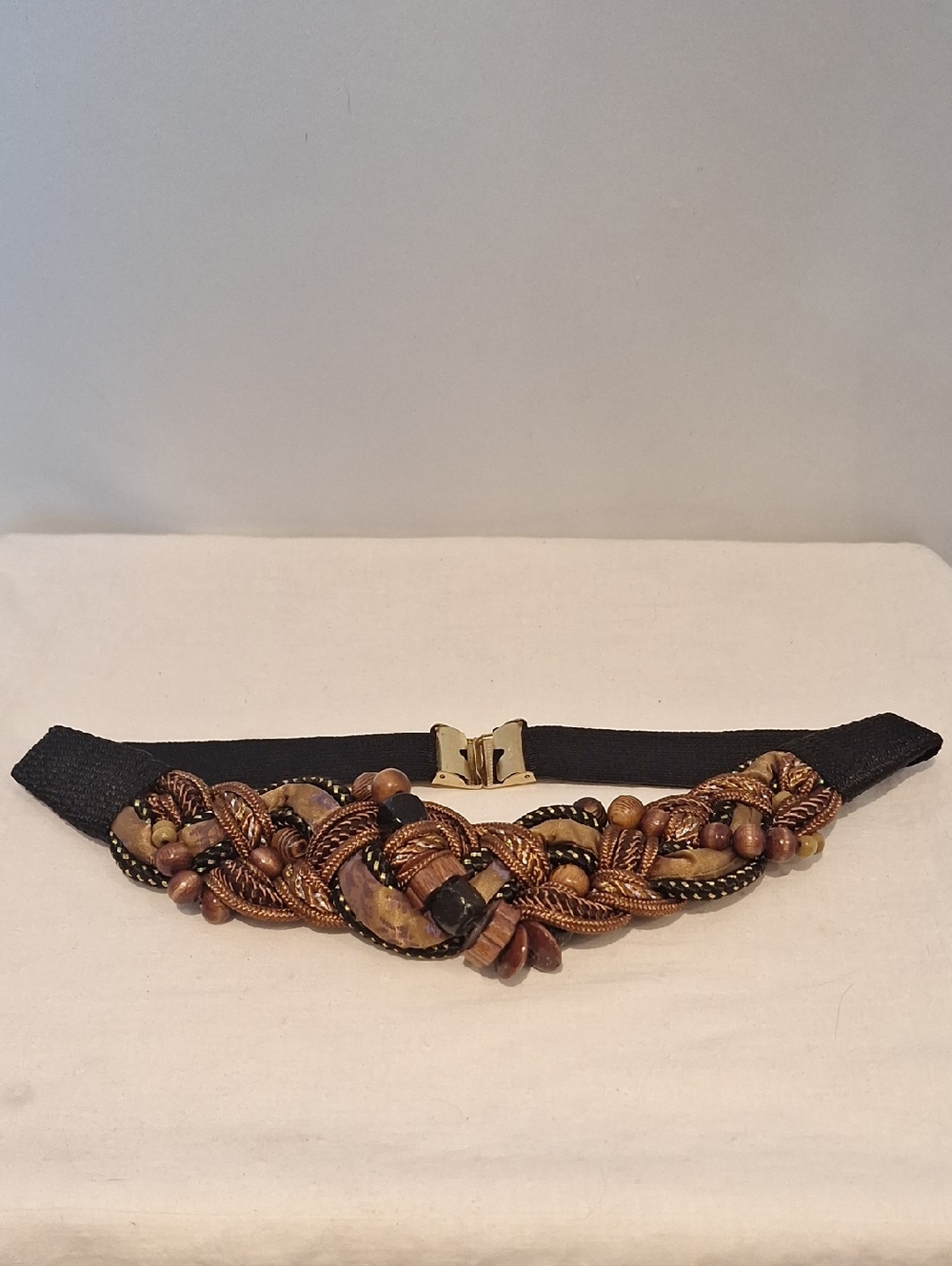 Vintage Handcrafted Chocolate Brown Beaded Woven Elastic Waist Belt